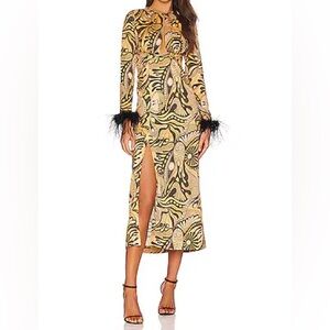 ALICE MCCALL  Gold Dust  Feather Cuff Midi Dress in Gold Multi size 10